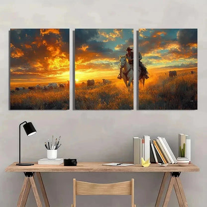 3pcs Vibrant Sunset Prairie Scene with a Cowboy Wall Art Set Canvas Framed 40x60cm - High Quality Print 100% Australian Made Wall Canvas Ready to Hang - Bella Home Decor