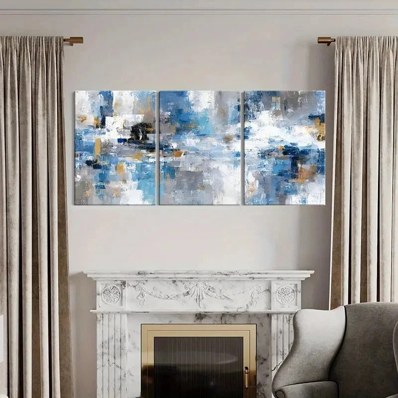 3pcs Urban Abstract Blue & White Minimalist Metal Print Ready to Hang Art - Bella Home Decor