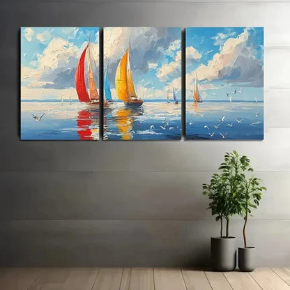 3pcs The Ocean Fluffy White Clouds Wall Art Set Canvas Unframed - High Quality Print 100% Australian Made Wall Canvas