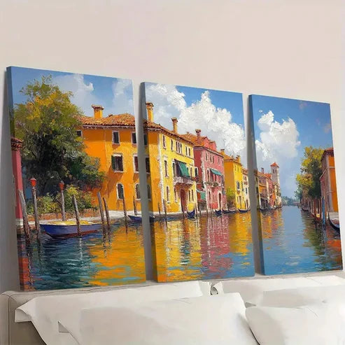 3pcs Colorful Italian Waterfront FG Wall Art Set Canvas Unframed - High Quality Print 100% Australian Made Wall Canvas - Bella Home Decor