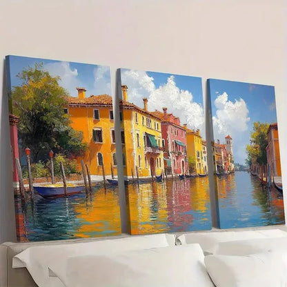 3pcs Colorful Italian Waterfront FG Wall Art Set Canvas Unframed - High Quality Print 100% Australian Made Wall Canvas - Bella Home Decor