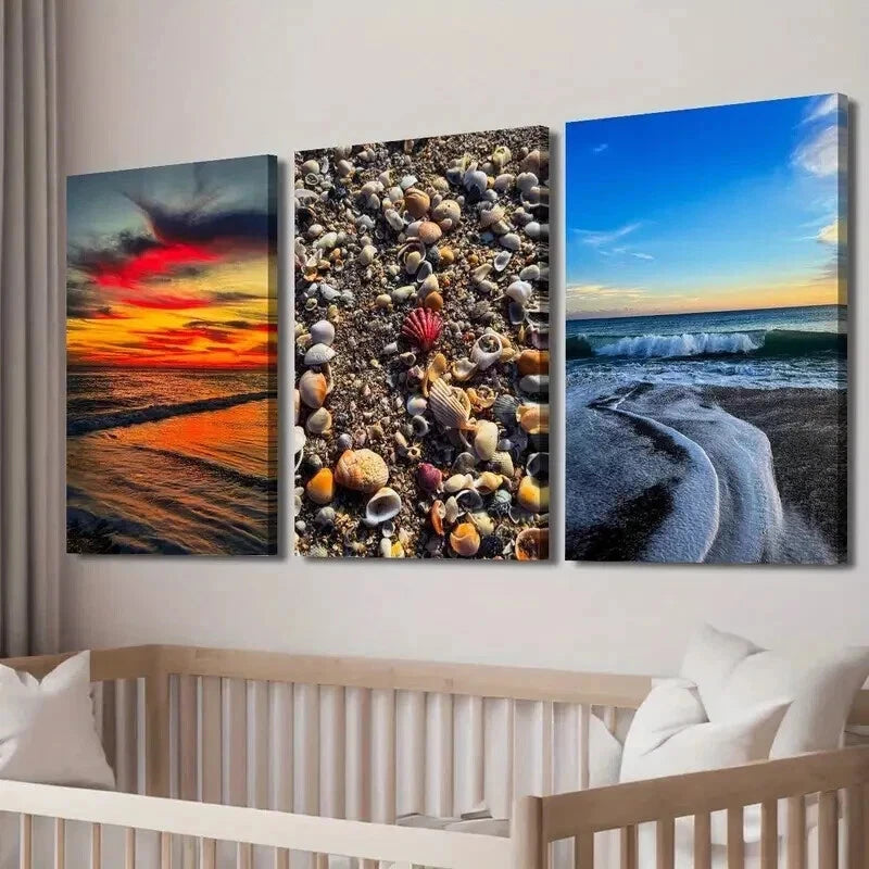 3pcs Vibrant Beach Sunset Seashells & Waves Wall Art Set Canvas Framed 50x70cm - High Quality Print 100% Australian Made Wall Canvas Ready to Hang