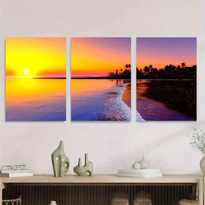 3pcs Beautiful Sunset Beach Ocean & Palm Tree Wall Art Set Canvas Unframed - High Quality Print 100% Australian Made Wall Canvas - Bella Home Decor