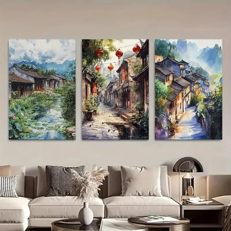 3pcs Scenic Asian Chinese Architecture Landscapes Metal Print Ready to Hang Art - Bella Home Decor