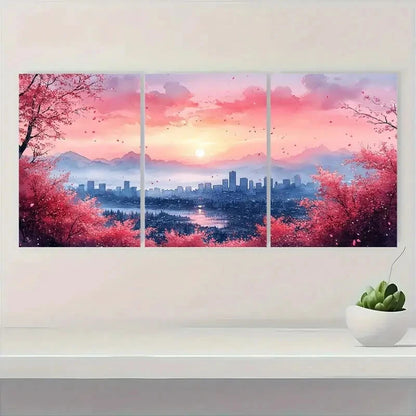 3pcs Cherry Blossom Cityscape Sunset Skyline Metal Print Ready to Hang Art - Bella Home Decor