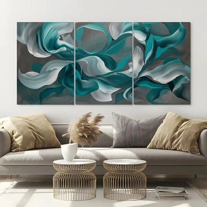 3pcs Swirling Teal & White Design Fluid Abstract Metal Print Ready to Hang Art - Bella Home Decor