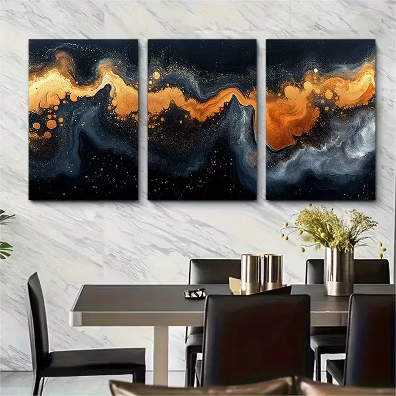3pcs Fluid Marbling Golden Orange Black Metal Print Ready to Hang Art - Bella Home Decor