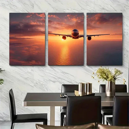 3pcs Sunset Soar Passenger Plane Dusk Perfect Wall Art Canvas Unframed - High Quality Print 100% Australian Made Wall Canvas