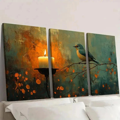 3pcs Whimsical Bluebird & Candle Holder T   Wall Art Set Canvas Framed 50x70cm - High Quality Print 100% Australian Made Wall Canvas Ready to Hang - Bella Home Decor