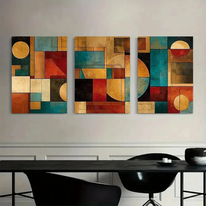 3pcs Geometric Earthy Tones Shapes Poster Metal Print Ready to Hang Art - Bella Home Decor