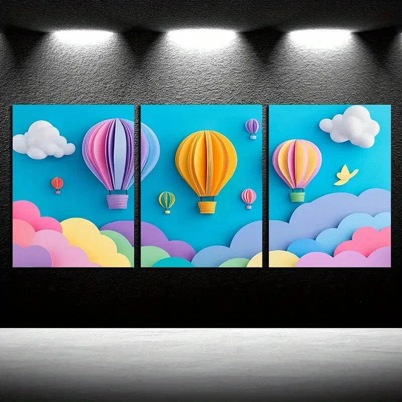 3pcs Modern Colorful Balloons and Clouds Design Metal Print Ready to Hang Art - Bella Home Decor
