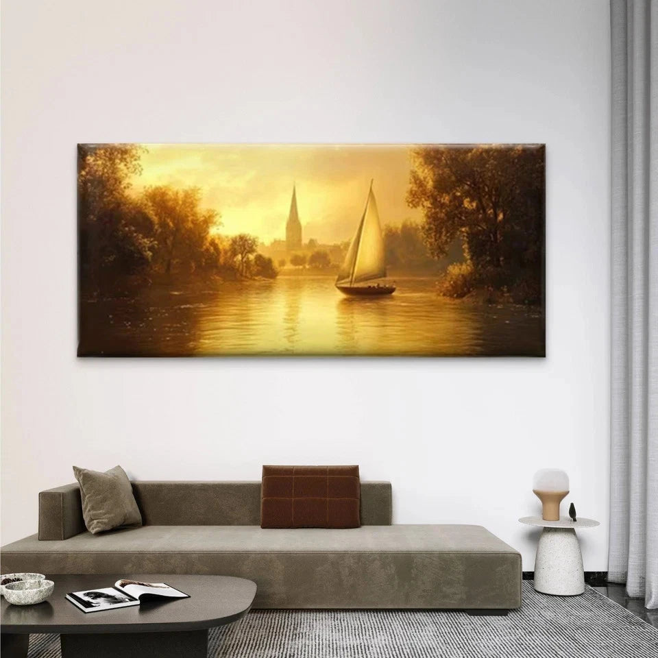 Sailboat & Shoreline Scene Wall Art Canvas Office Home Room Framed 120x60cm