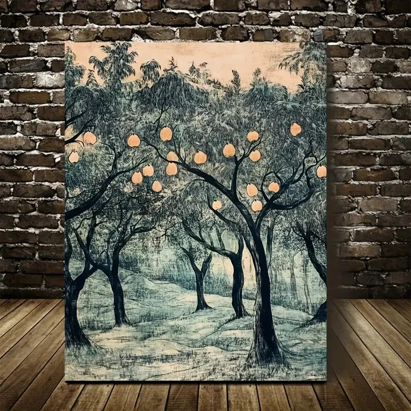 Vibrant Pear Tree Forest Scene Painting 40x60cm Metal Print Ready to Hang