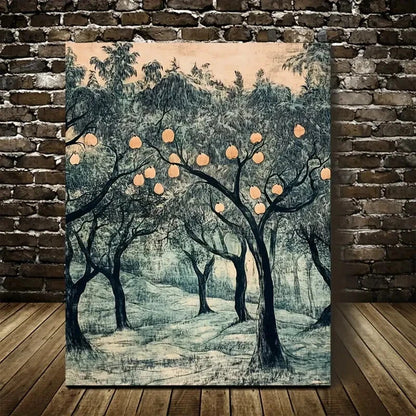 Vibrant Pear Tree Forest Scene Painting 40x60cm Metal Print Ready to Hang