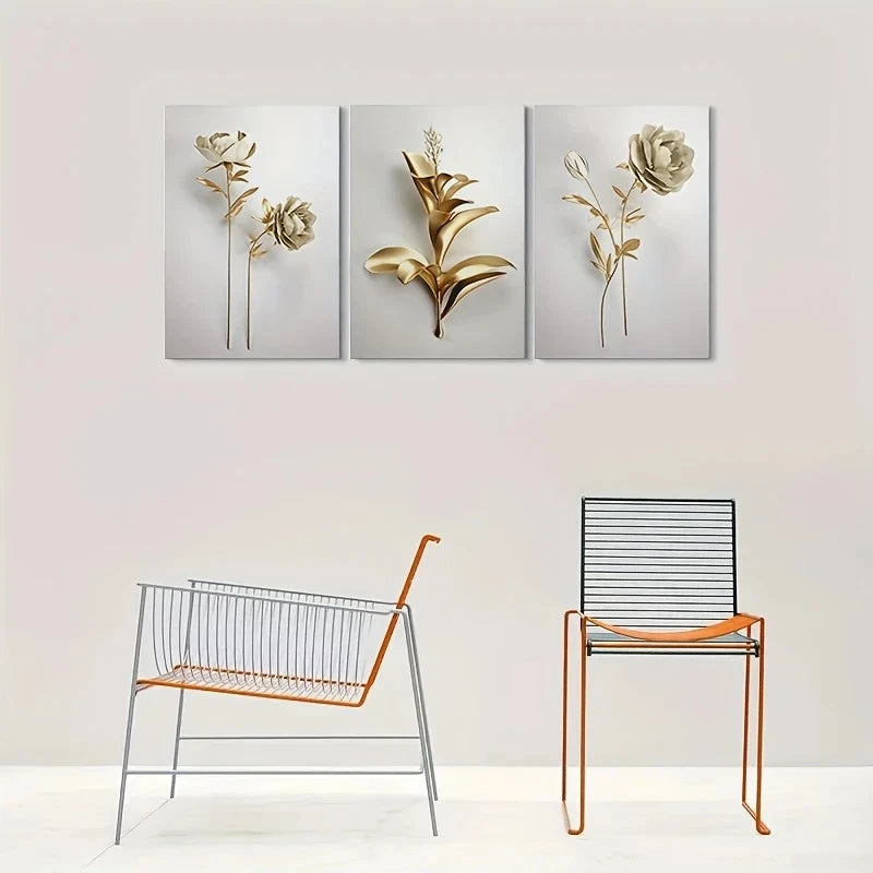 3pcs Golden Floral Abstract Painting Metal Print Ready to Hang Art - Bella Home Decor
