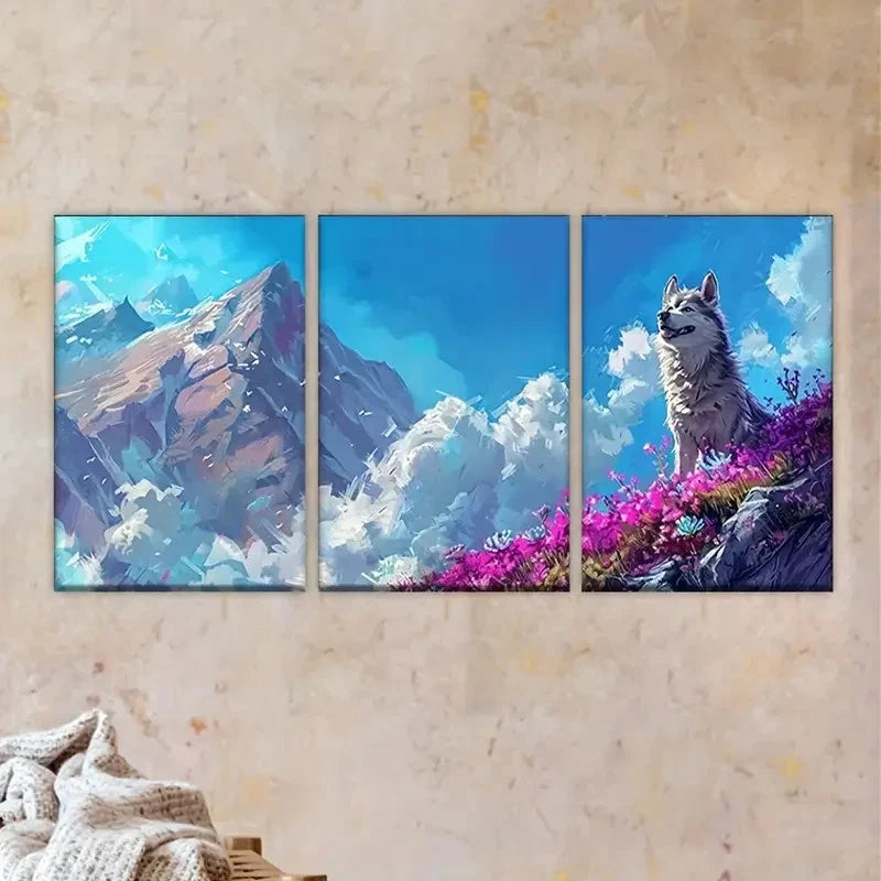 3pcs laptop with wolf Wall Art Set Canvas Framed 50x70cm - High Quality Print 100% Australian Made Wall Canvas Ready to Hang