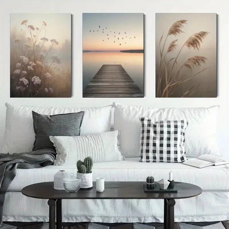 3pcs Dock Birds Wildflowers Reed Grass Metal Print Ready to Hang Art - Bella Home Decor