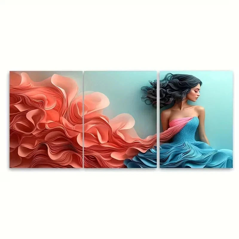 3pcs Woman in Blue Pink Dress Wall Art Set Canvas Framed 40x60cm - High Quality Print 100% Australian Made Wall Canvas Ready to Hang
