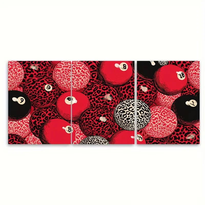 3pcs Red Retro Eight Ball Billiard Metal Print Ready to Hang Art