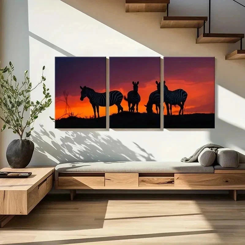 3pcs Zebra Herd At Sunset African Savannah Wall Art Set Canvas Framed 60x90cm - High Quality Print 100% Australian Made Wall Canvas Ready to Hang - Bella Home Decor