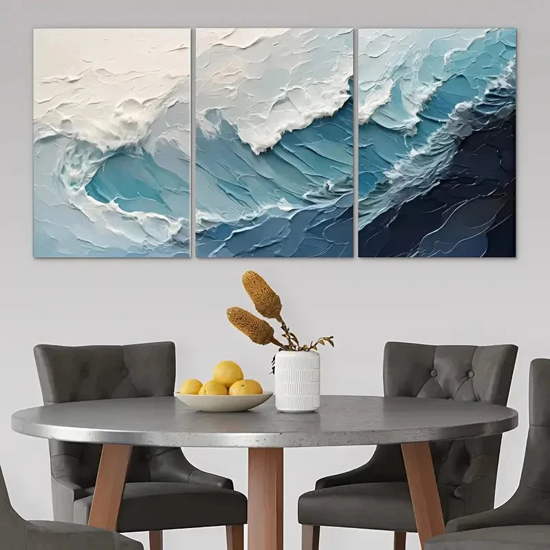 3pcs Blue Abstract Wave Ocean Metal Print Ready to Hang Art - Bella Home Decor