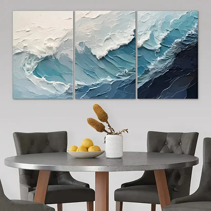 3pcs Blue Abstract Wave Ocean Metal Print Ready to Hang Art - Bella Home Decor