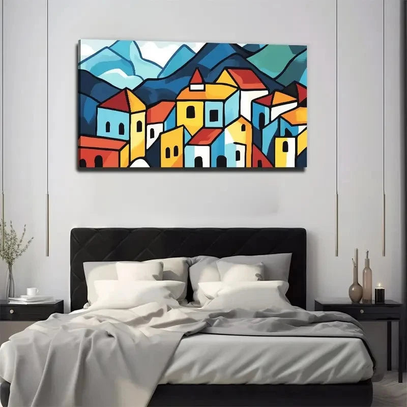Colorful Houses In Blue Yellow Wall Art Canvas Office Home Room Framed 120x60cm