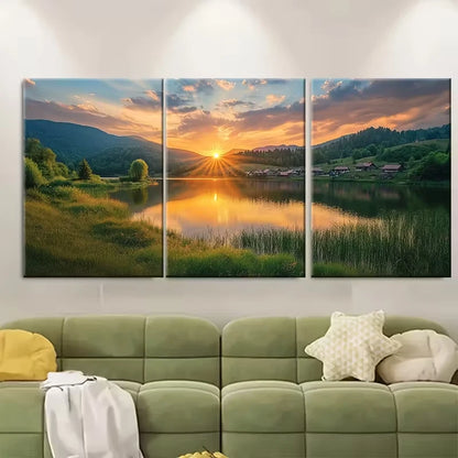 3pcs Stunning Sunset Over Mountain Lake Metal Print Ready to Hang Art