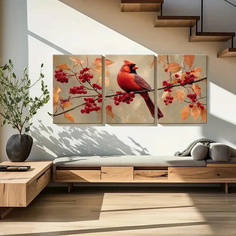 3pcs Cardinal Bird Red Berries Autumn Leaves Metal Print Ready to Hang Art - Bella Home Decor