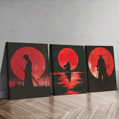 3pcs Samurai Red Moon Dark Background Lonely Wall Art Set Canvas Unframed - High Quality Print 100% Australian Made Wall Canvas