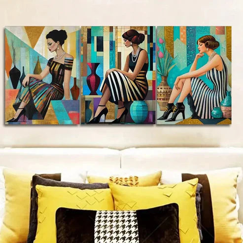3pcs R etro fashion girl Wall Art Set Canvas Unframed - High Quality Print 100% Australian Made Wall Canvas