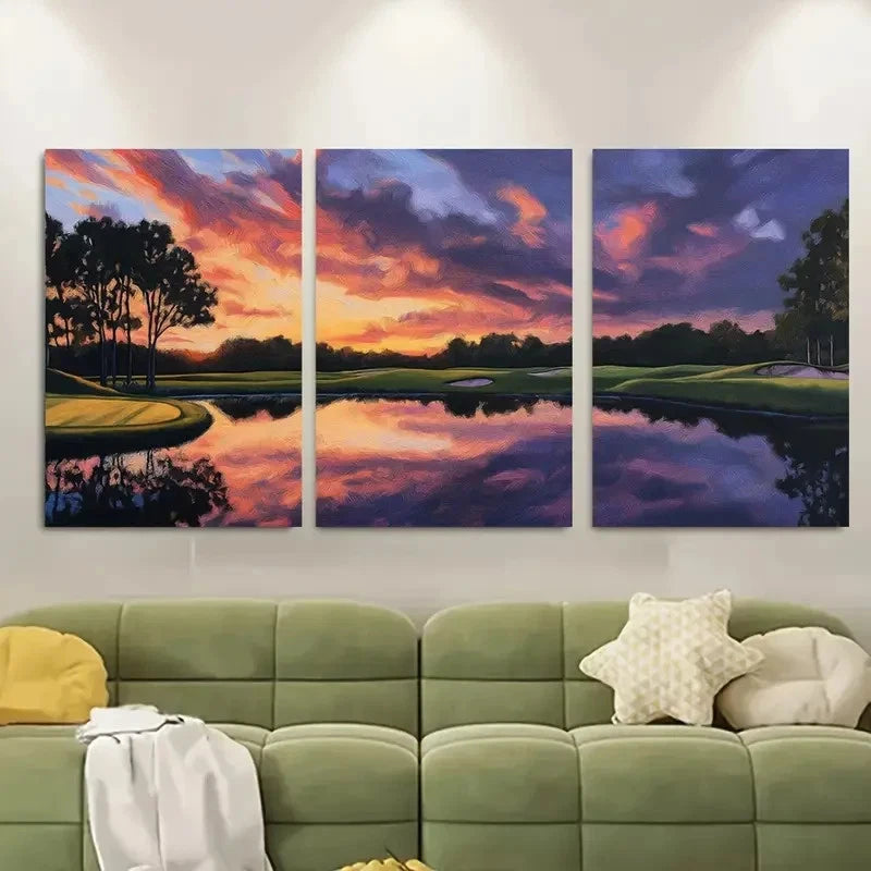 3pcs Vibrant Sunset Golf Course Landscape Metal Print Ready to Hang Art