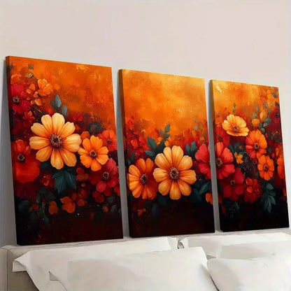 3pcs  Vibrant Autumn Flowers in Orange, Yellow   Wall Art Set Canvas Framed 60x90cm - High Quality Print 100% Australian Made Wall Canvas Ready to Hang - Bella Home Decor