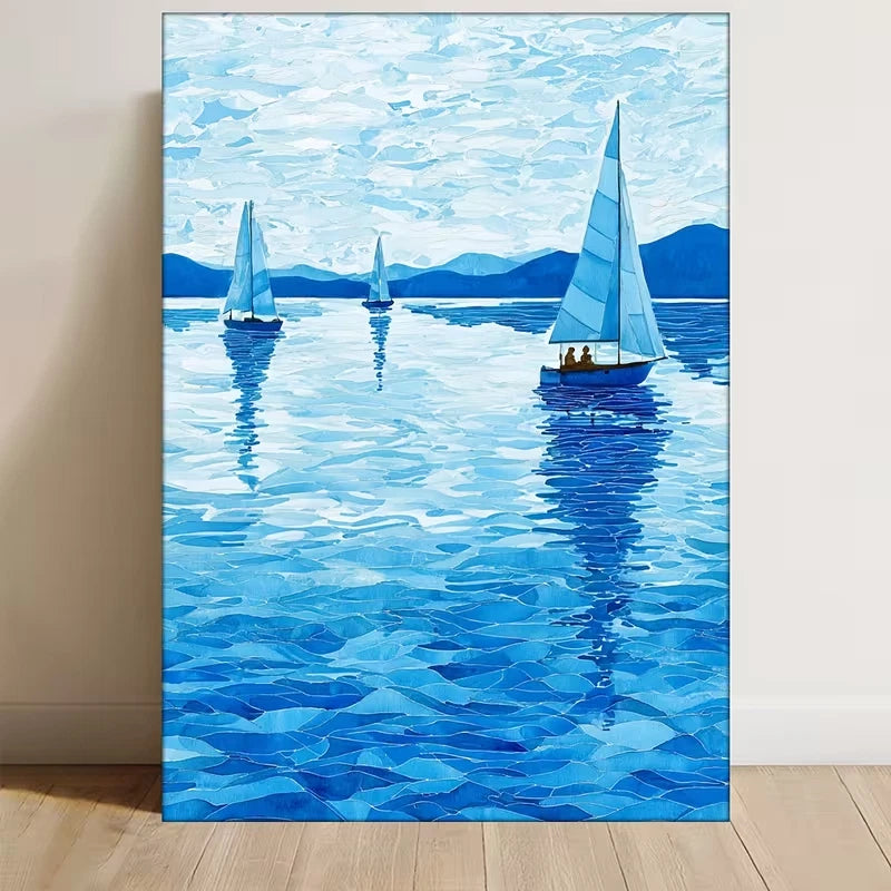 Manga Style Sailboat Lake Abstract Coastal Metal Print Ready to Hang