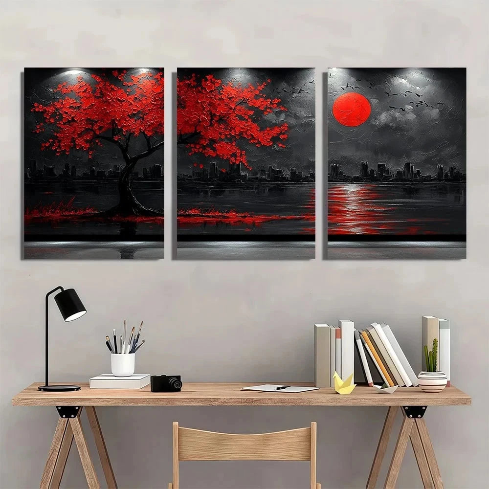 3pcs Red Tree Moon Black and White Metal Print Ready to Hang Art