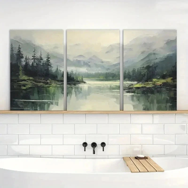 3pcs Emerald Green Mountain Lake Landscape Metal Print Ready to Hang Art - Bella Home Decor