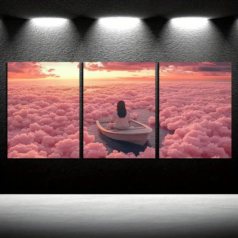 3pcs Vibrant Serene Boat on Clouds Design Metal Print Ready to Hang Art