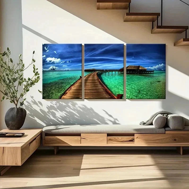 3pcs Sea View Cabin Bridge Landscape Wall Art Set Canvas Framed 50x70cm - High Quality Print 100% Australian Made Wall Canvas Ready to Hang