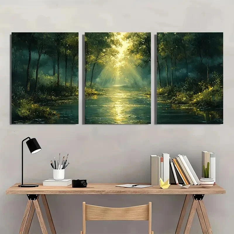 3pcs Tranquil Green Forest and Stream Acrylic Metal Print Ready to Hang Art - Bella Home Decor