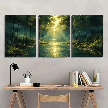 3pcs Tranquil Green Forest and Stream Acrylic Metal Print Ready to Hang Art - Bella Home Decor