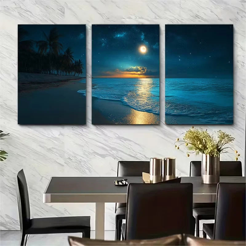 3pcs Moonlit Paradise Beach Metal Print Ready to Hang Art