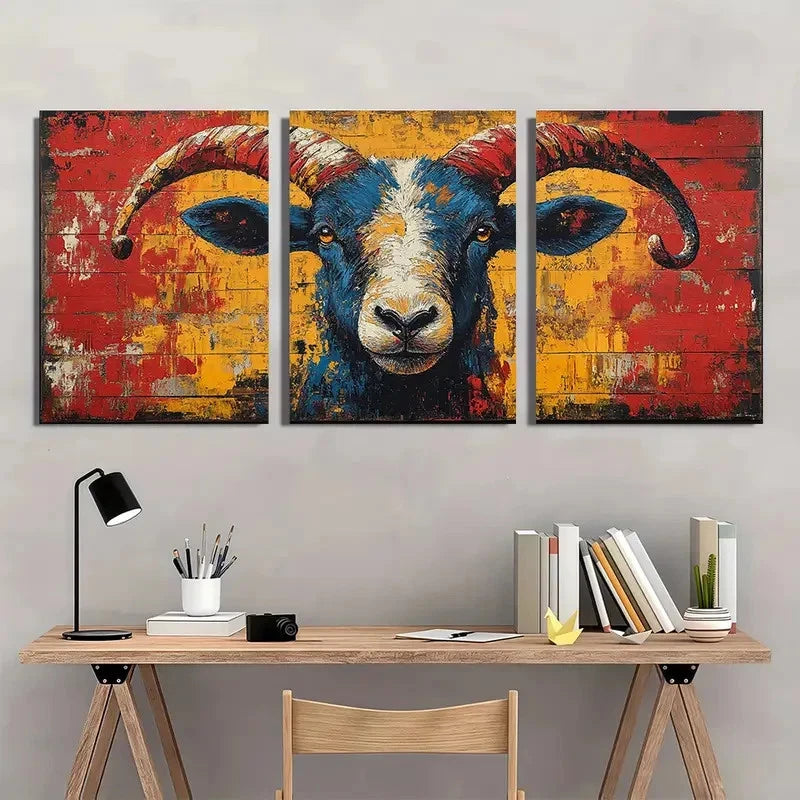 3pcs Black Sheep Aries Bohemian Style Metal Print Ready to Hang Art - Bella Home Decor