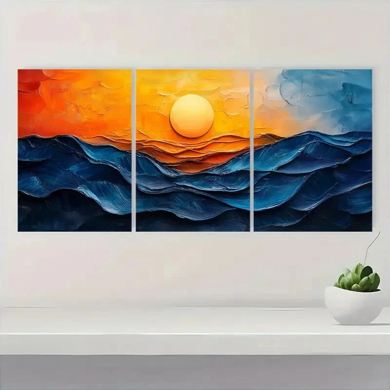 3pcs Vibrant Blue & Orange Ocean Waves Oil Impasto Metal Print Ready to Hang Art - Bella Home Decor