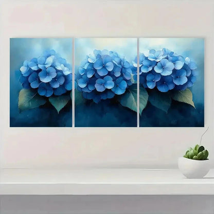 3pcs Elegant Blue Hydrangea Floral Watercolor Metal Print Ready to Hang Art - Bella Home Decor