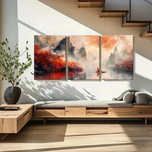 3pcs Retro Traditional Chinese Landscape  Wall Art Set Canvas Unframed - High Quality Print 100% Australian Made Wall