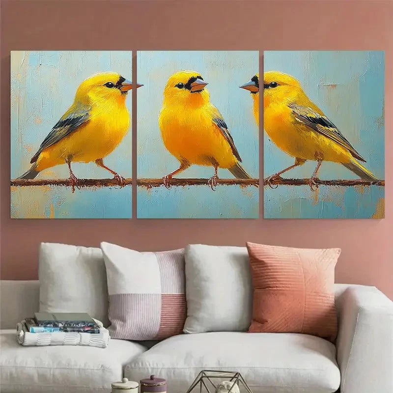 3pcs Vibrant Yellow Goldfinch Minimalist Design Metal Print Ready to Hang Art