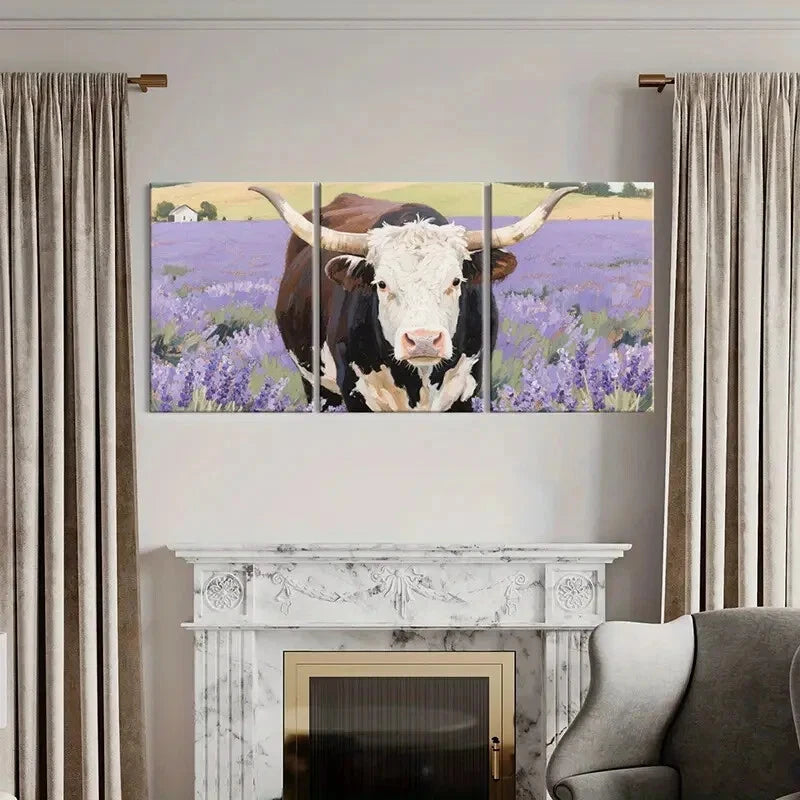 3pcs Cow Art Print Lavender Field Landscape Metal Print Ready to Hang Art - Bella Home Decor
