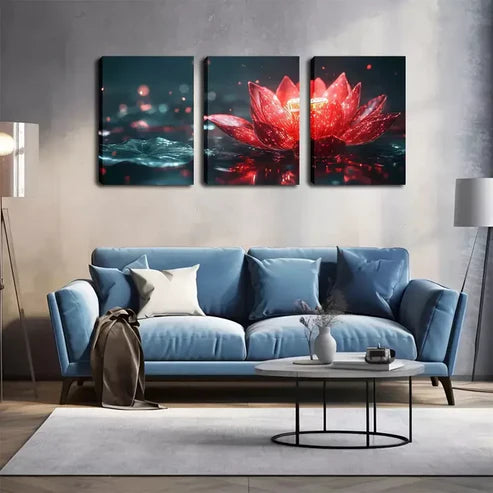 3pcs A Magic Red for Lotus Wall Art Set Canvas Framed 60x90cm - High Quality Print 100% Australian Made Wall Canvas Ready to Hang