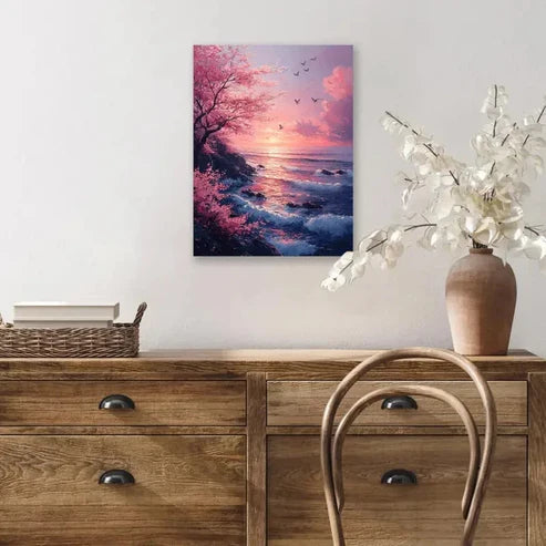 Beautiful Cherry Blossom Sunset Seascape Painting 60x90cm Metal Print Ready to Hang