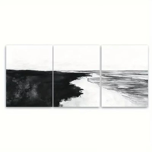 3pcs Tranquil Beach Landscape, Black And White Metal Print Ready to Hang Art